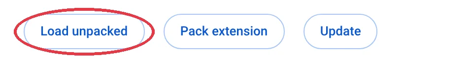 The Load unpacked button at the top left of Chrome's extensions page, circled