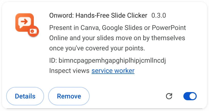 The Onword card on Chrome's extensions page, switched on
