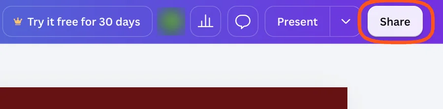 Canva's top bar, with the Share button circled