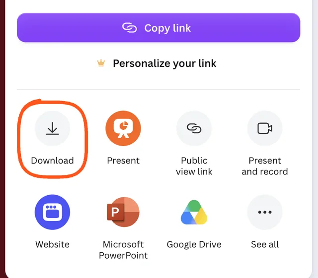 Canva's Share menu, with Download circled