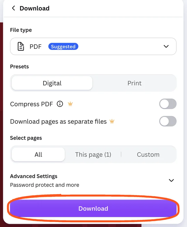 Canva's Download menu with PDF chosen, and the Download button circled