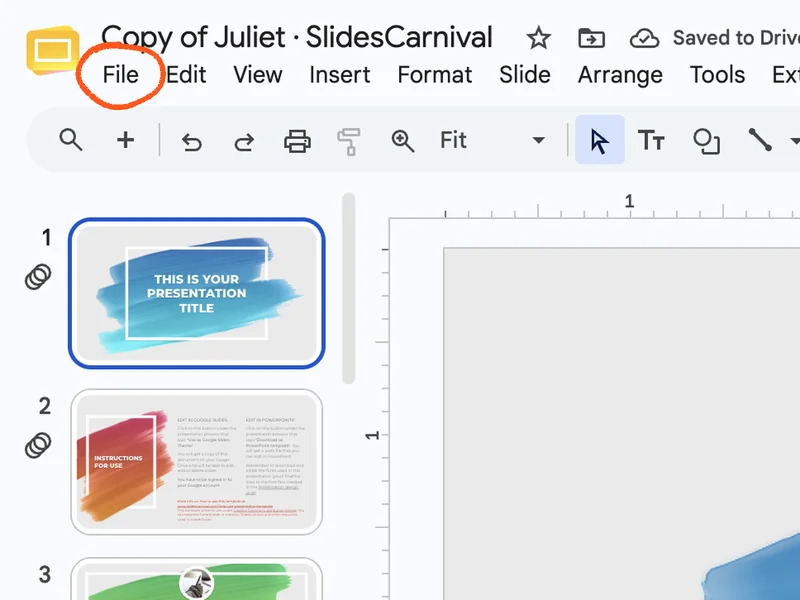 Google Slides, with the File menu circled