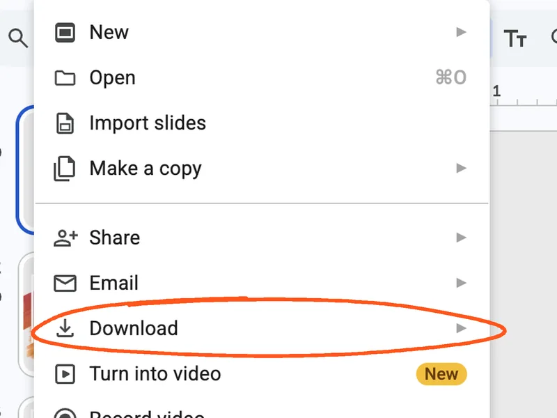 Google Slides' File menu, with Download circled