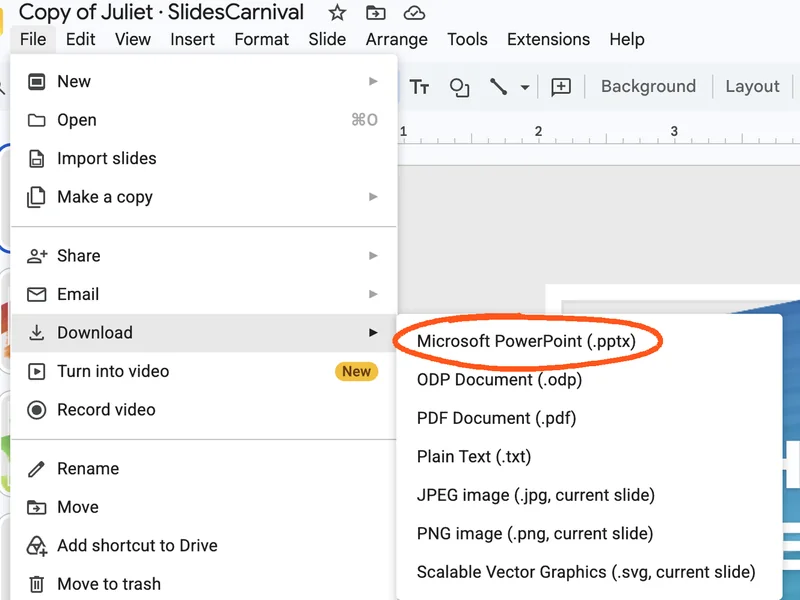 Google Slides' Download menu, with Microsoft PowerPoint (.pptx) circled