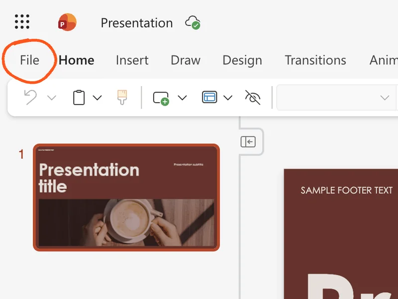 PowerPoint online, with the File menu circled