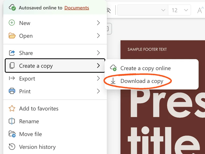 PowerPoint's File menu with Create a copy open, and Download a copy circled
