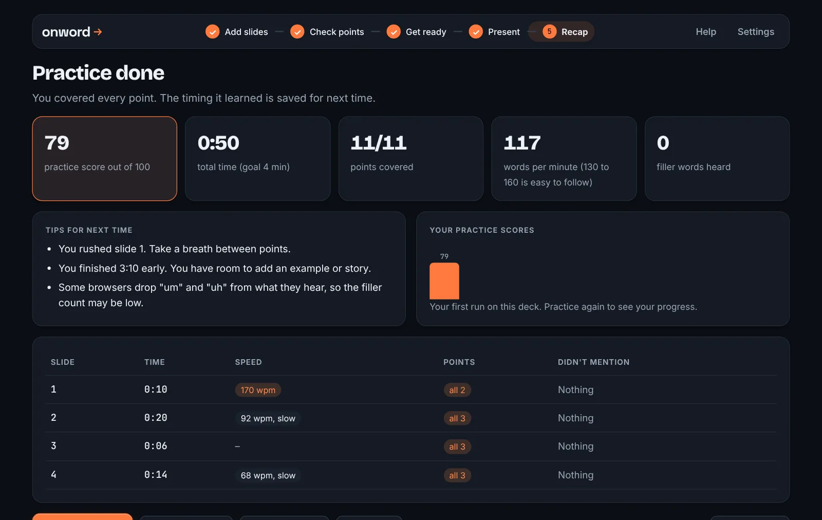 The practice recap: a score of 82 out of 100, 58 seconds total, 11 of 11 points covered, 100 words per minute, and a table of time and speed for each slide.